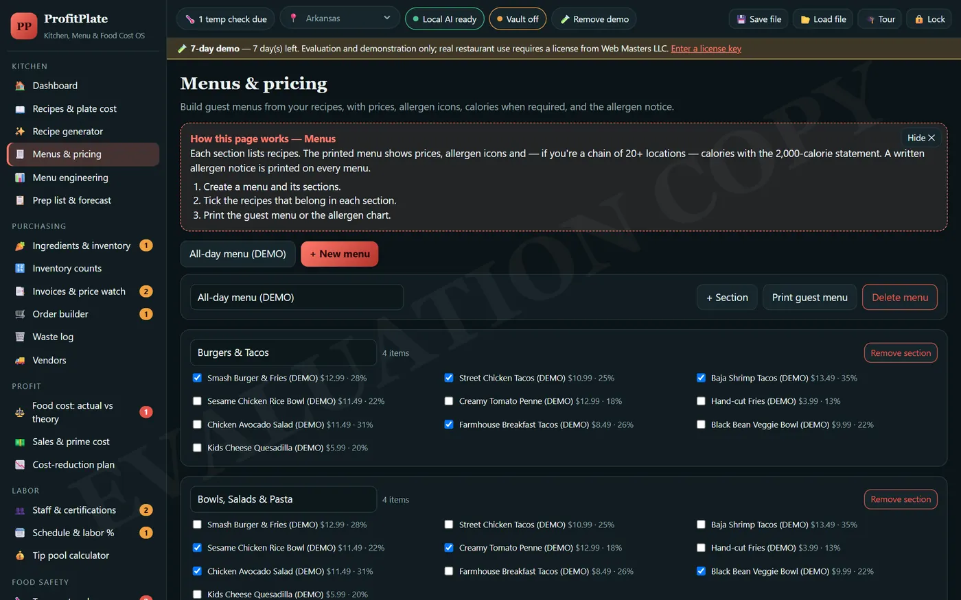 ProfitPlate: Menus & pricing